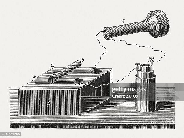 carbon microphone (1878) by robert lüdtge, wood engraving, published 1880 - transducer stock illustrations