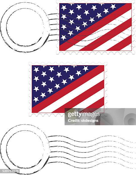 poststempel, briefmarken set mit amerikanischen flaggen und zusätzliche bettdecken - post office stock-grafiken, -clipart, -cartoons und -symbole