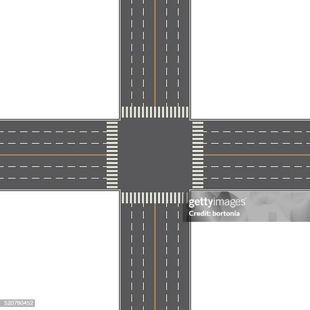 overhead perspective view of a 4-way traffic intersection - spaghetti junction stock illustrations