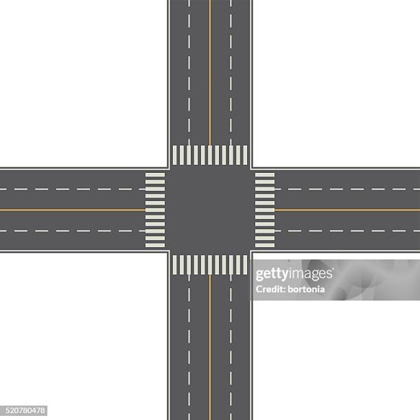 stockillustraties, clipart, cartoons en iconen met overhead perspective view of a 4-way traffic intersection - road intersection