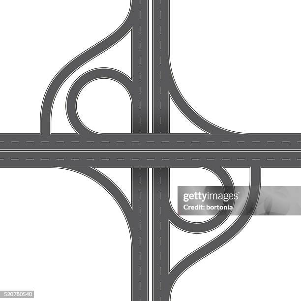 overhead perspective view of a traffic interchange - flyovers stock illustrations