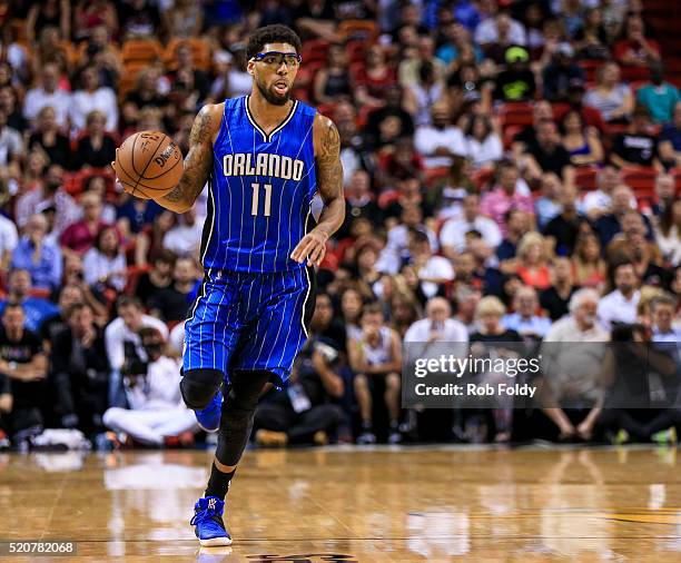 Devyn Marble of the Orlando Magic in action during the game against the Miami Heat at the American Airlines Arena on April 10, 2016 in Miami,...