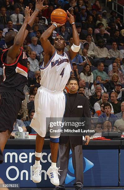 Antawn Jamison of the Washington Wizards shoots against the Portland Trail Blazers during the game on January 12, 2005 at the MCI Center in...