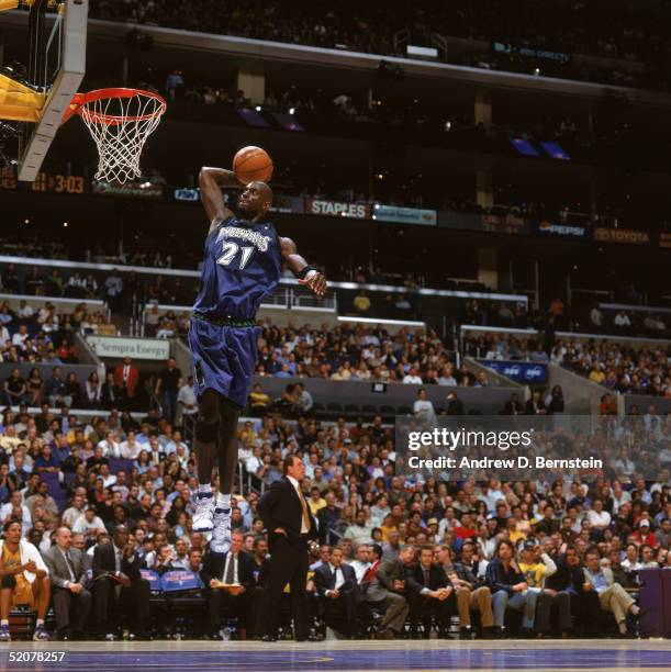 Kevin Garnett of the Minnesota Timberwolves dunks during the game against the Los Angeles Lakers at Staples Center on January 19, 2005 in Los...