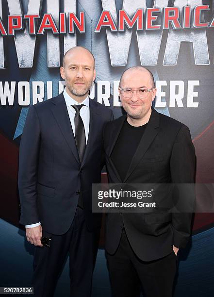 Writers Christopher Markus and Stephen McFeely attend The World Premiere of Marvel's "Captain America: Civil War" at Dolby Theatre on April 12, 2016...
