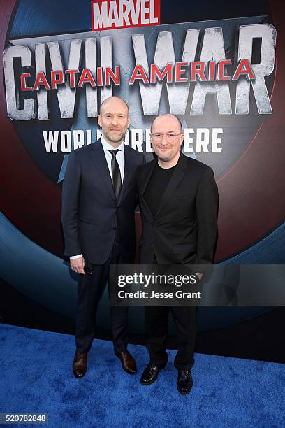 Writers Christopher Markus and Stephen McFeely attend The World Premiere of Marvel's "Captain America: Civil War" at Dolby Theatre on April 12, 2016...