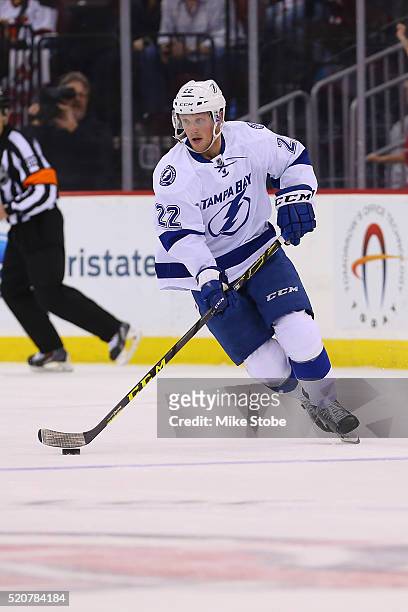 Erik Condra of the Tampa Bay Lightning skates against the New Jersey Devils at Prudential Center on April 7, 2016 in Newark, New Jersey. Tampa Bay...