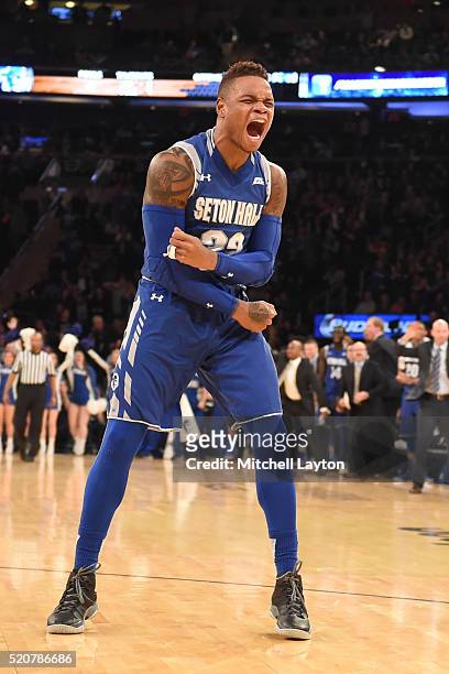 Derrick Gordon of the Seton Hall Pirates celebrates a shot during a semifinal game of the Big East College Basketball Tournament against the Xavier...