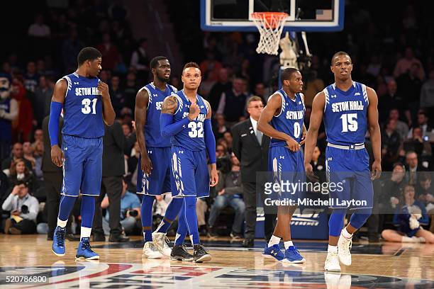 Derrick Gordon of the Seton Hall Pirates looks on with his teammates during a semifinal game of the Big East College Basketball Tournament against...