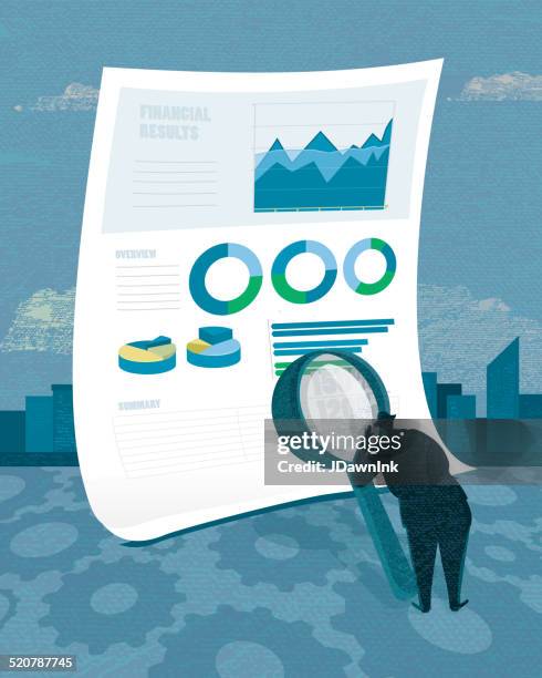 stylized businessman analyzing a financial document - reading bank statement stock illustrations