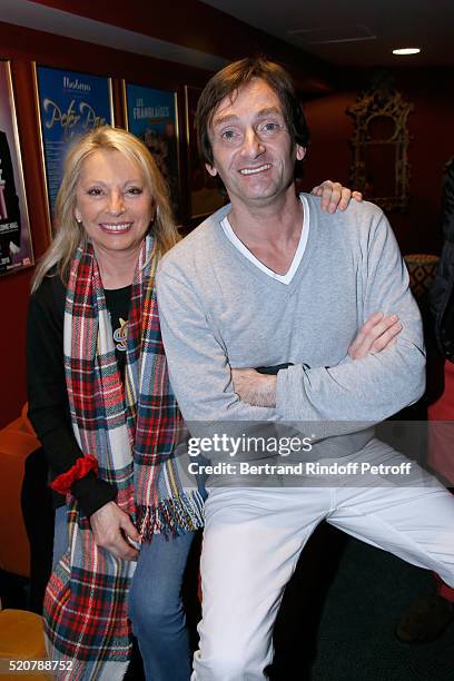 Singer Veronique Sanson and humorist Pierre Palmade pose after the Robert Charlebois : "50 ans, 50 chansons" : Concert at Bobino on April 12, 2016 in...
