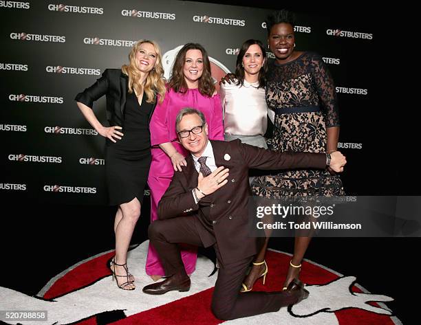 Actresses Kate McKinnon, Melissa McCarthy, Kristen Wiig, Leslie Jones and 'Ghostbusters' director Paul Feig attend CinemaCon 2016 An Evening with...