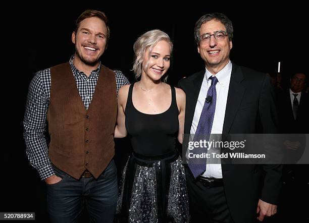 Actor Chris Pratt, actress Jennifer Lawrence and Chairman of Sony Picture Entertainments Motion Pictures Group Tom Rothman attend CinemaCon 2016 An...