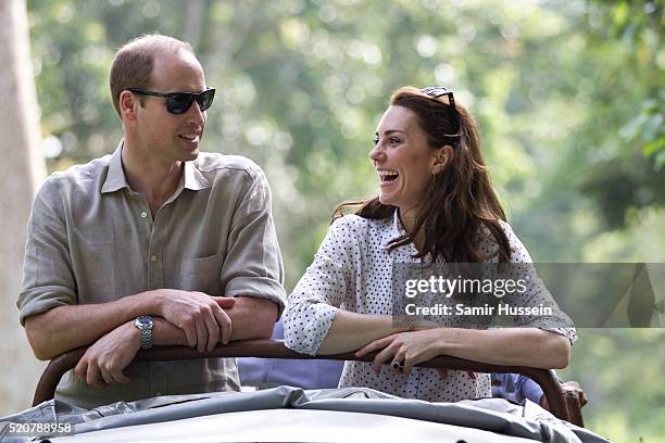 Catherine, Duchess of Cambride and Prince William, Duke of Cambridge ride in an open-air jeep on safari around the National Park at Kaziranga...