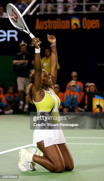 Serena Williams of the USA celebrates match point against Lindsay Davenport of the USA during the Women's Final during day thirteen of the Australian...