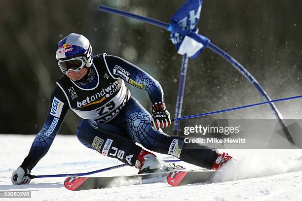 Daron Rahlves of USA competes during his tenth place finish in the Men's Super G at the FIS Alpine World Ski Championships 2005 on January 29, 2005...