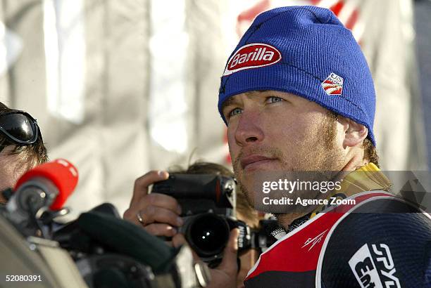 Bode Miller of USA celebrates after finishing first in the Men's Super G at the FIS Alpine World Ski Championships on January 29, 2005 in Bormio,...