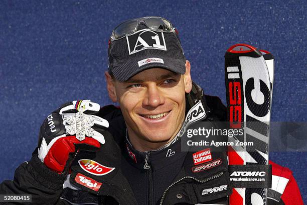 Michael Walchhofer of Austria celebrates with his silver medal after finishing second in the Men's Super G at the FIS Alpine World Ski Championships...