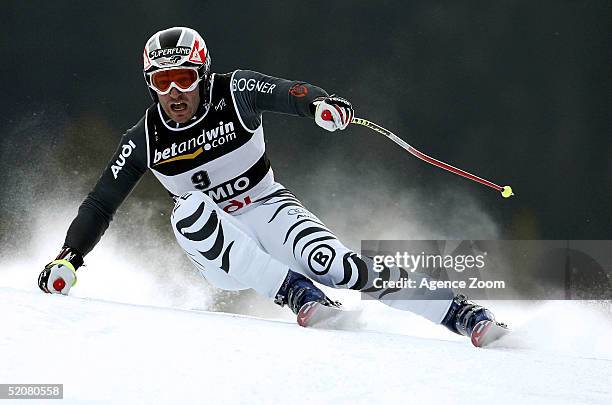 Florian Eckert of Germany competes during his sixth place finish in the Men's Super G at the FIS Alpine World Ski Championships on January 29, 2005...