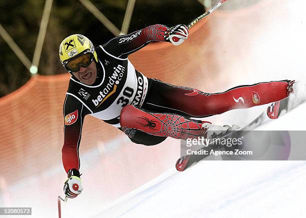 Hermann Maier of Austria competes during his fourth place finish in the Men's Super G at the FIS Alpine World Ski Championships on January 29, 2005...