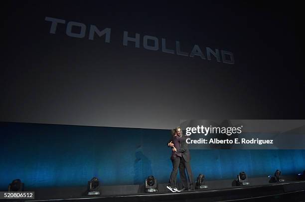 Actor Tom Holland and Chairman of Sony Picture Entertainment Motion Pictures Group Tom Rothman speak onstage during CinemaCon 2016 An Evening with...