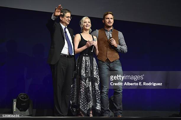 Chairman of Sony Picture Entertainment Motion Pictures Group Tom Rothman, actress Jennifer Lawrence and actor Chris Pratt speak onstage during...