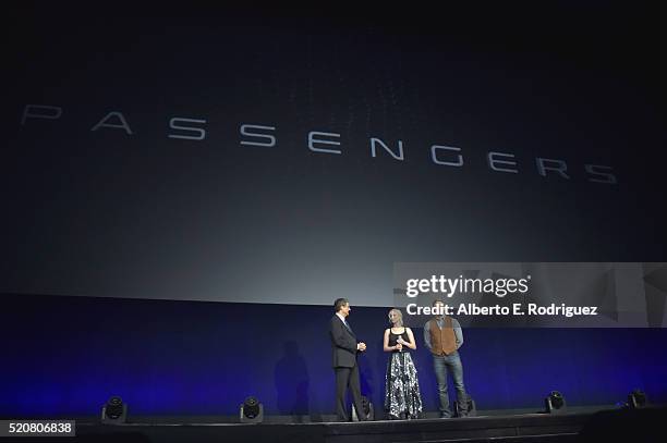 Chairman of Sony Picture Entertainment Motion Pictures Group Tom Rothman, actress Jennifer Lawrence and actor Chris Pratt speak onstage during...