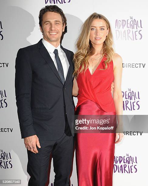 Actor James Franco and actress Amber Heard arrive at A24/DIRECTV's "The Adderall Diaires" Premiere at ArcLight Hollywood on April 12, 2016 in...