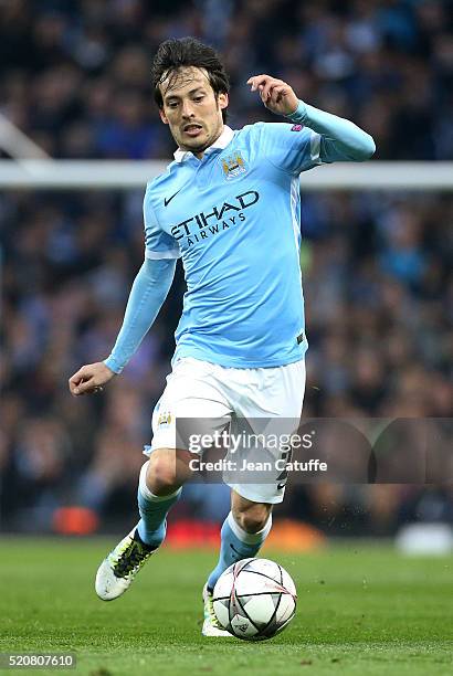 David Silva of Manchester City in action during the UEFA Champions League quarter final second leg match between Manchester City and Paris...