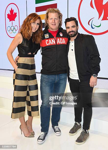 Jessi Cruickshank, Curt Harnett and Alexandre Despatie attend the Hudson's Bay Company Launch of the Team Canada Collection For Rio 2016 at the Art...