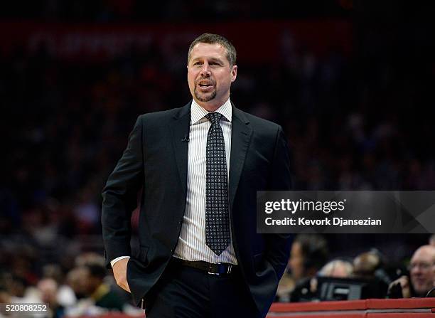 David Joerger of the Memphis Grizzlies reacts during the first half of the basketball game against Los Angeles Clippers at Staples Center April 12 in...