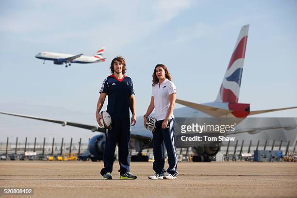 In this image released by British Airways on April 13, Dan Bibby of Team GB Rugby Sevens and para-triathlete Melissa Reid of Paralympics GB pose in...