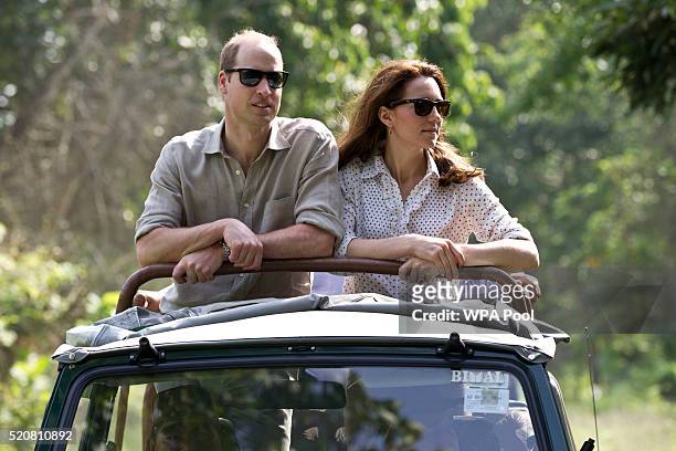 Catherine, Duchess of Cambridge and Prince William, Duke of Cambridge take a Game drive at Kaziranga National Park at Kaziranga National Park on...