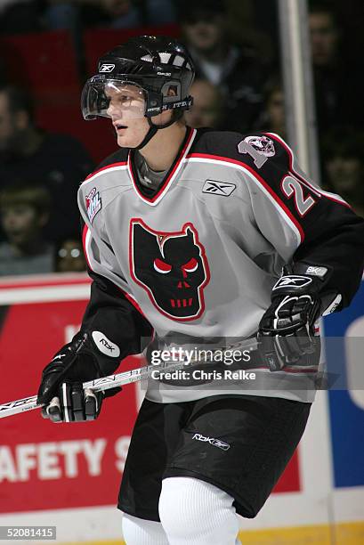 Riley Merkey of the Calgary Hitmen competes during the annual Top Prospects Game & Skills competition at the Pacific Coliseum on January 18, 2005 in...