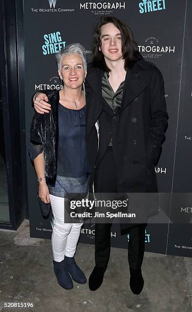 Actor Ferdia Walsh-Peelo and mother Toni Walsh attend the premiere of "Sing Street" hosted by The Weinstein Company at Metrograph on April 12, 2016...