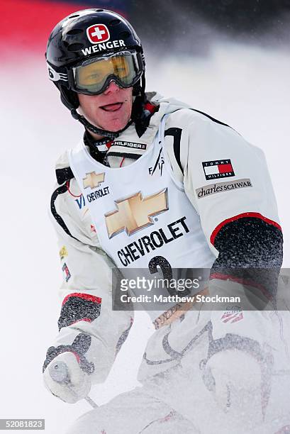 Nathan Roberts crosses the finish line during the mogul competition January 29, 2005 during the Chevrolet Freestyle International World Cup at Deer...