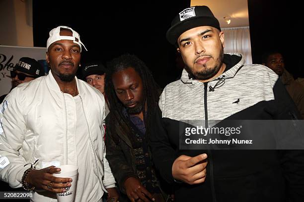 Rapper Grafh, musician 88-Keys, and DJ Juanyto attend the Grafh "Pain Killers: Reloaded" Listening Event at Ludlow Studios on April 12, 2016 in New...