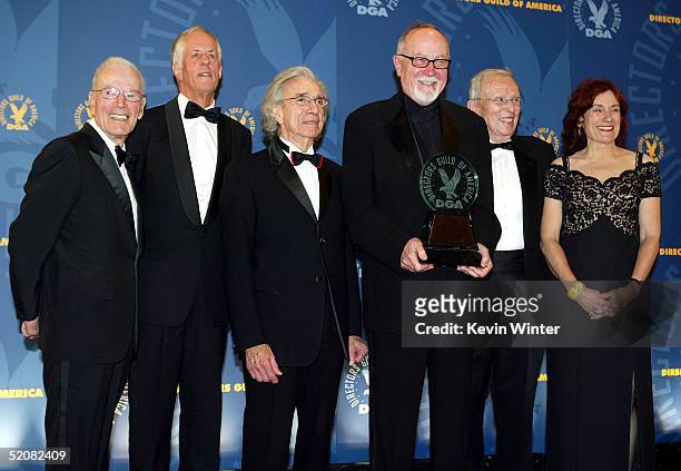 Gene Reynolds, Michael Apted, Arthur Hiller, DGA Presidents Awards winner Gilbert Cates, Jack Shea and Martha Coolidge pose in the press room during...