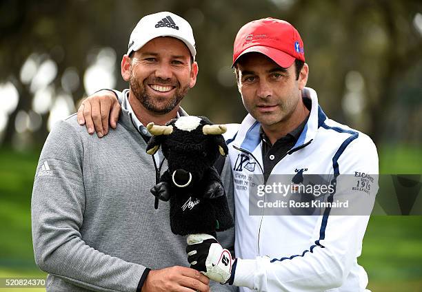 Sergio Garcia of Spain pictured with Enrique Ponce a Spanish bullfighterduring the pro-am event prior to the Open de Espana at Real Club Valderrama...