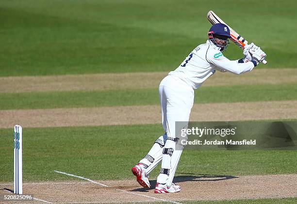 Keith Barker of Warwickshire hits out during day four of the Specsavers County Championship Division One match between Hampshire and Warwickshire at...