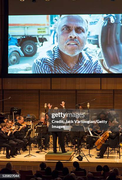 Led by conductor George Manahan, the American Composers Orchestra performs the world premiere of 'Avartan for Orchestra and Video' during the...