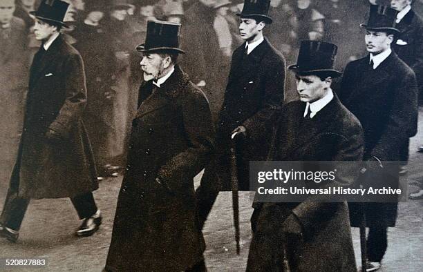 Queen Alexandra funeral. The image shows George V between the Prince of Wales and Crown Prince Olaf of Norway. Behind them walk the Duke of York and...