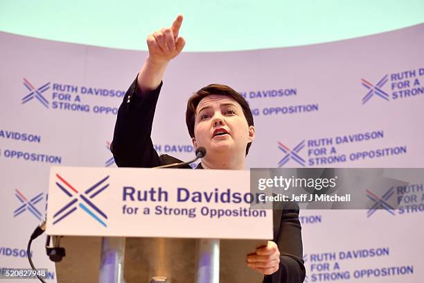 Scottish Conservative Leader, Ruth Davidson, launches the partys Holyrood Election Manifesto on April 13, 2016 in Glasgow, Scotland. Their manifesto...