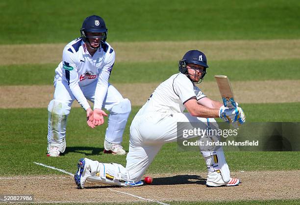 Ian Bell of Warwickshire hits out during day four of the Specsavers County Championship Division One match between Hampshire and Warwickshire at the...