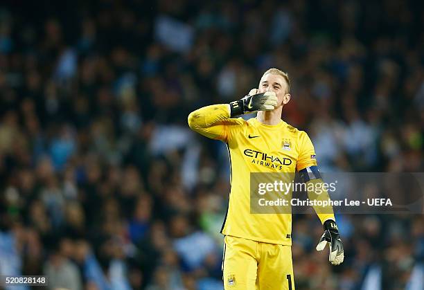 Joe Hart of Man City blows a kiss during the UEFA Champions League Quarter Final second leg match between Manchester City FC and Paris Saint-Germain...