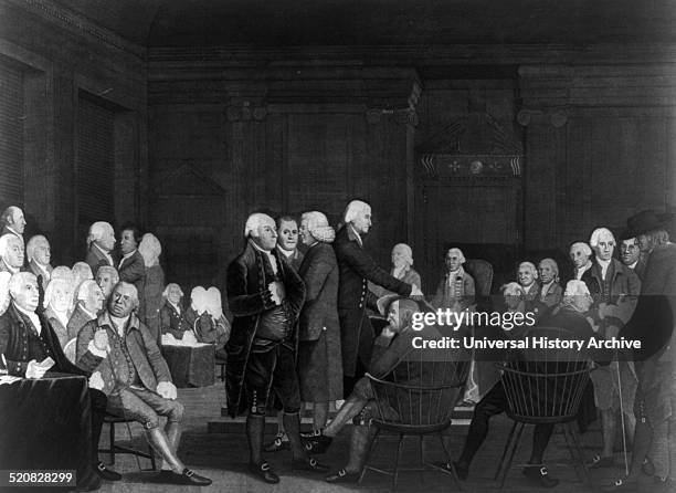 Congress voting the Declaration of Independence' Print shows men gathered in the Assembly Room in the Pennsylvania State House , Philadelphia....