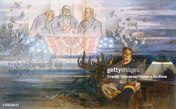 That is all!' Theodore Roosevelt sitting in a chair with a bull moose who is crying and looking up at him; in the background the vision shows crowds...