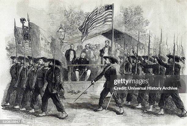 Review of Federal troops on the 4th of July by President Lincoln and General Scott; the Garibaldi Guard filing past' Uniformed men of the Garibaldi...