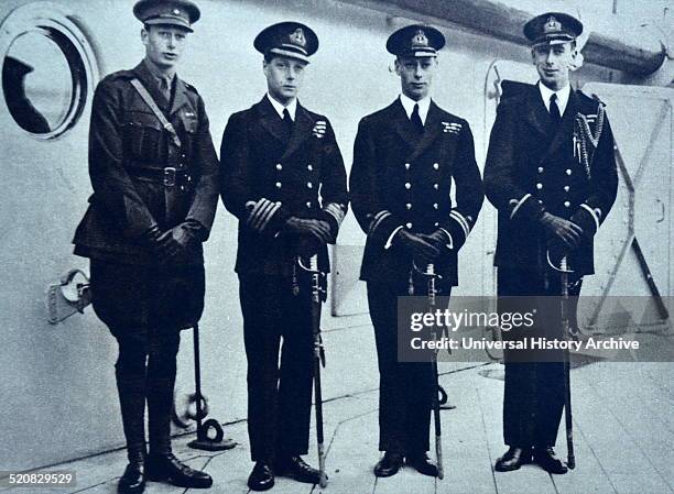 The Image shows Prince Albert , Prince Henry and Lord Louis Mountbatten bidding the Prince of Wales farewell at Portsmouth bay as he leaves, on his...