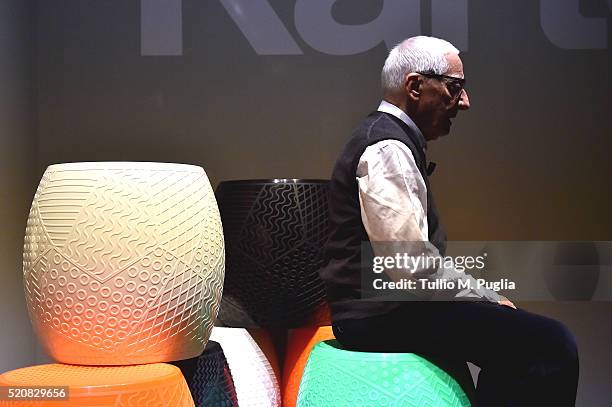 Designer Alessandro Mendini poses at Kartell Talking Minds during Milan Design Week 2016 on April 13, 2016 in Milan, Italy.